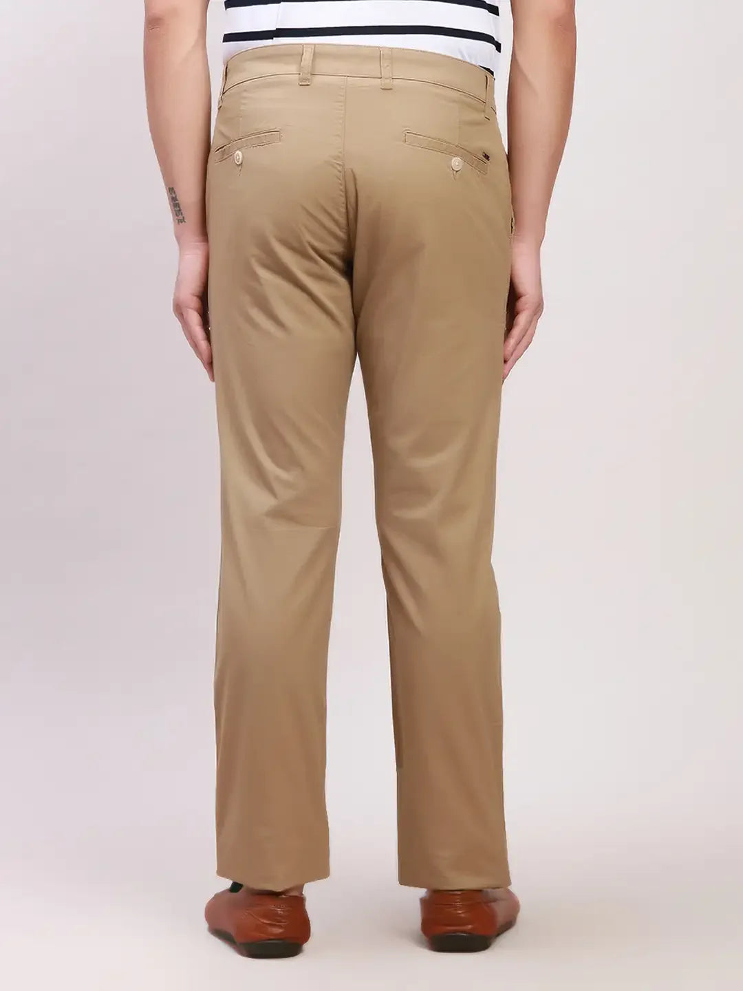 Parx Men Khaki Solid Low Rise Tapered Fit Cotton Blend Trousers