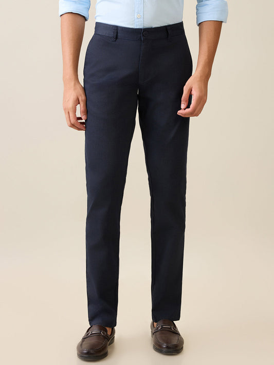 Parx Men Blue Satin Low Rise Tapered Fit Cotton Blend Trouser