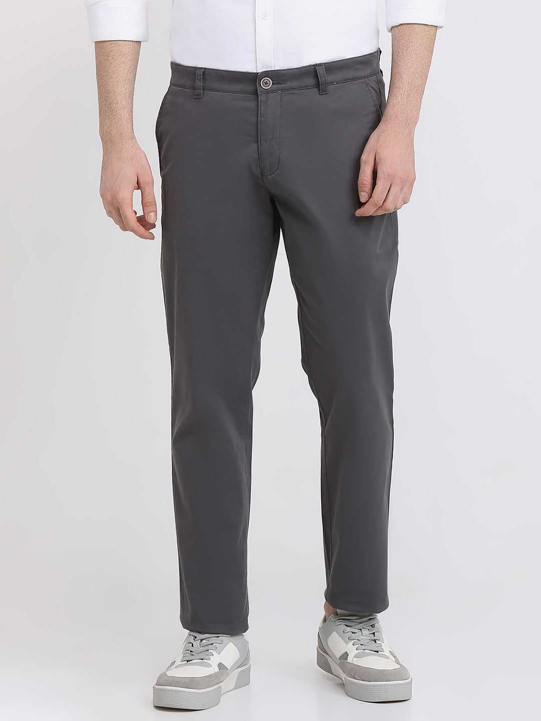 Parx Men Grey Solid Low Rise Tapered Fit Cotton Blend Trouser