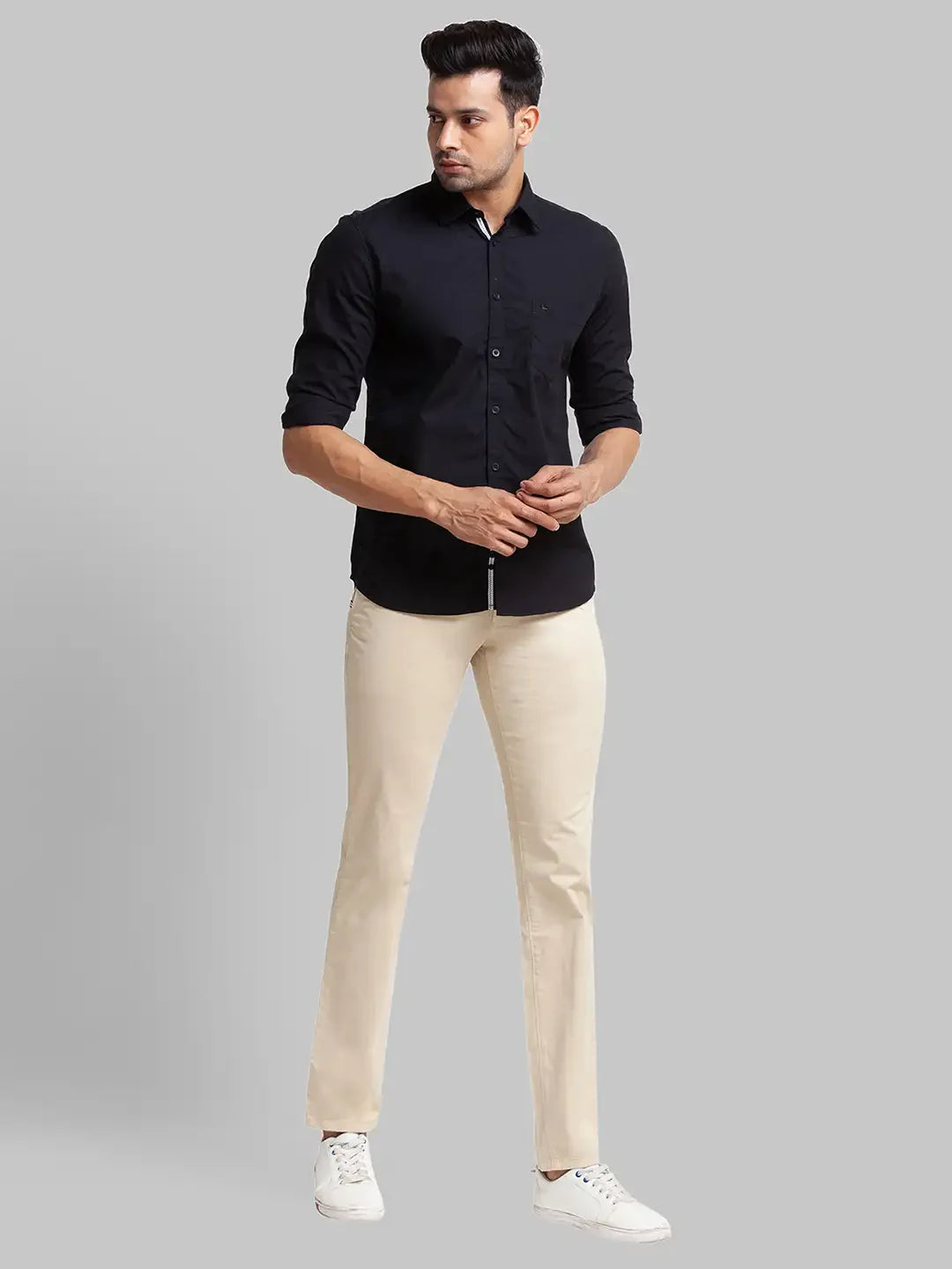 Men Beige Lrt Fit Solid Cotton Blend Trouser