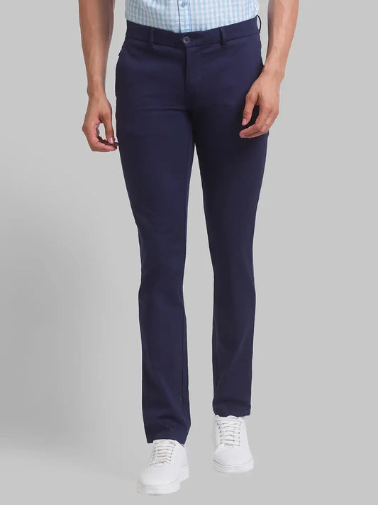 Men Blue Super Slim Fit Solid Cotton Blend Trouser