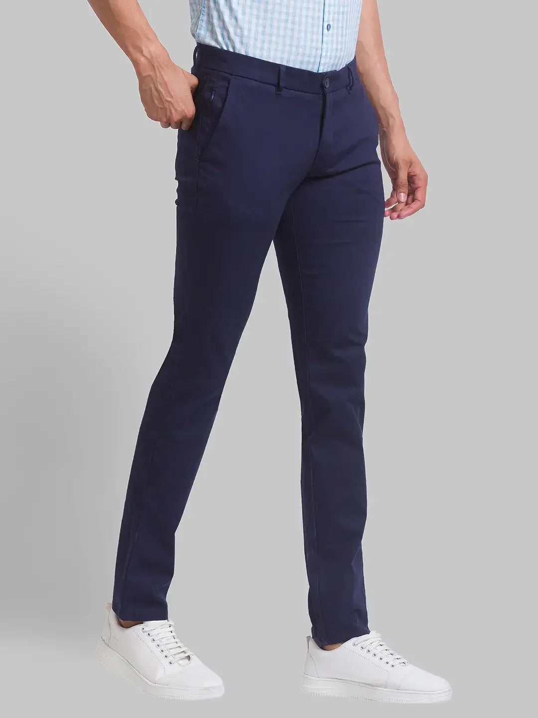 Men Blue Super Slim Fit Solid Cotton Blend Trouser