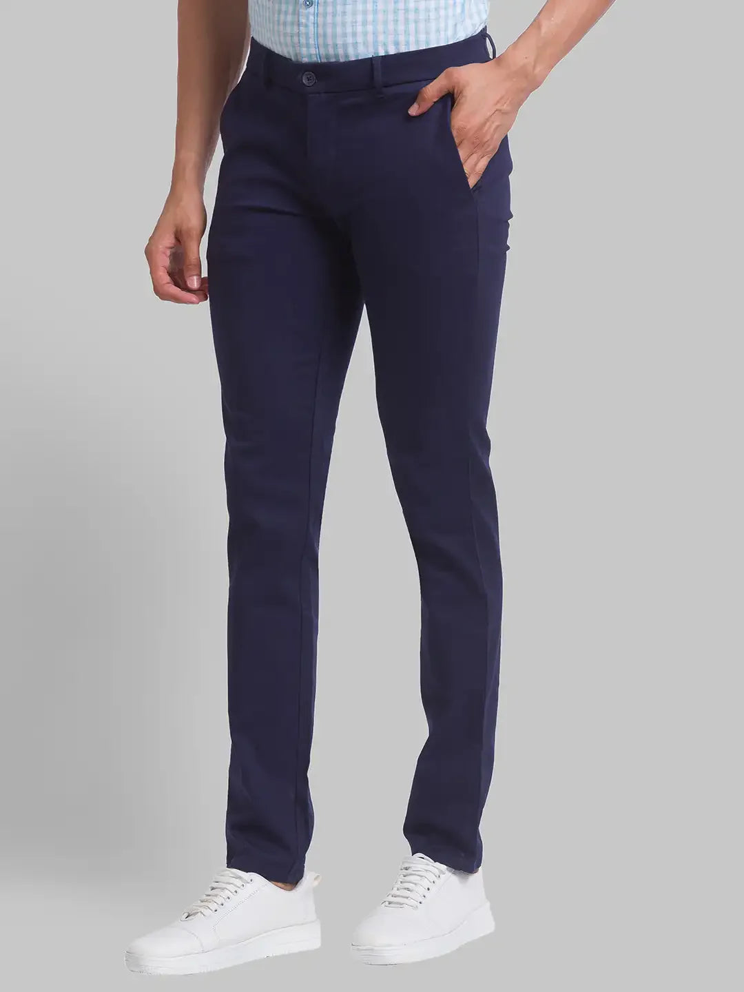 Men Blue Super Slim Fit Solid Cotton Blend Trouser