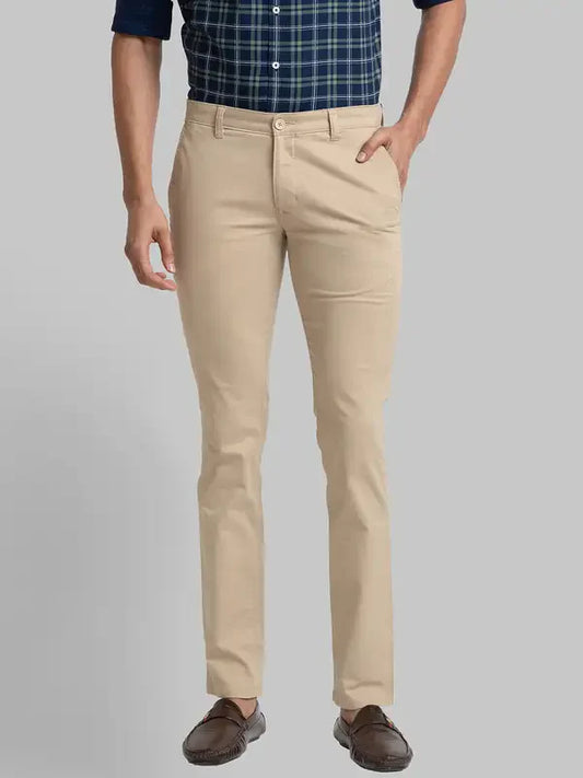 Men Khaki Super Slim Fit Solid Cotton Blend Trouser