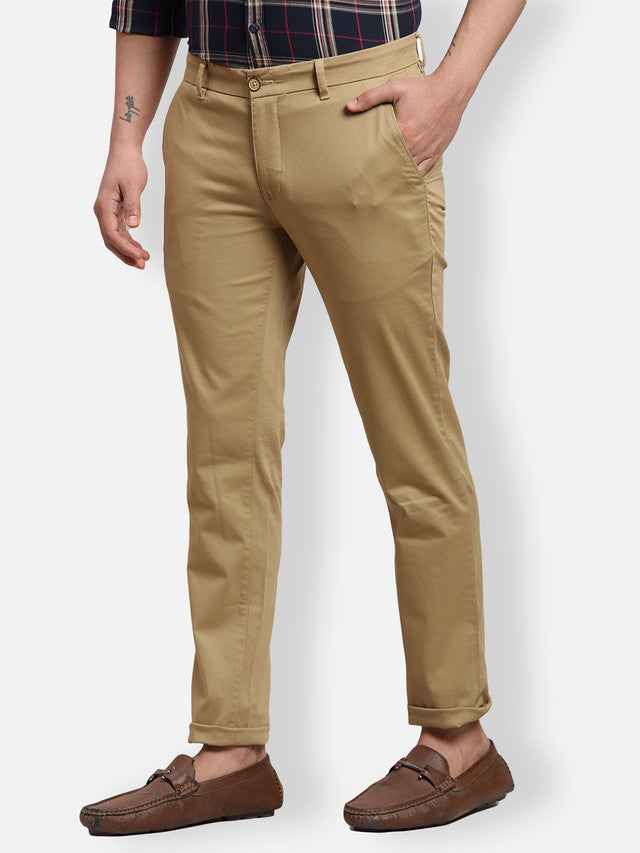 Parx Khaki Solid Super Slim Fit Cotton Blend Trouser
