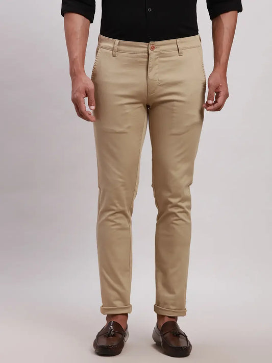 Parx Men Khaki Super Slim Fit Solid Cotton Blend Trousers