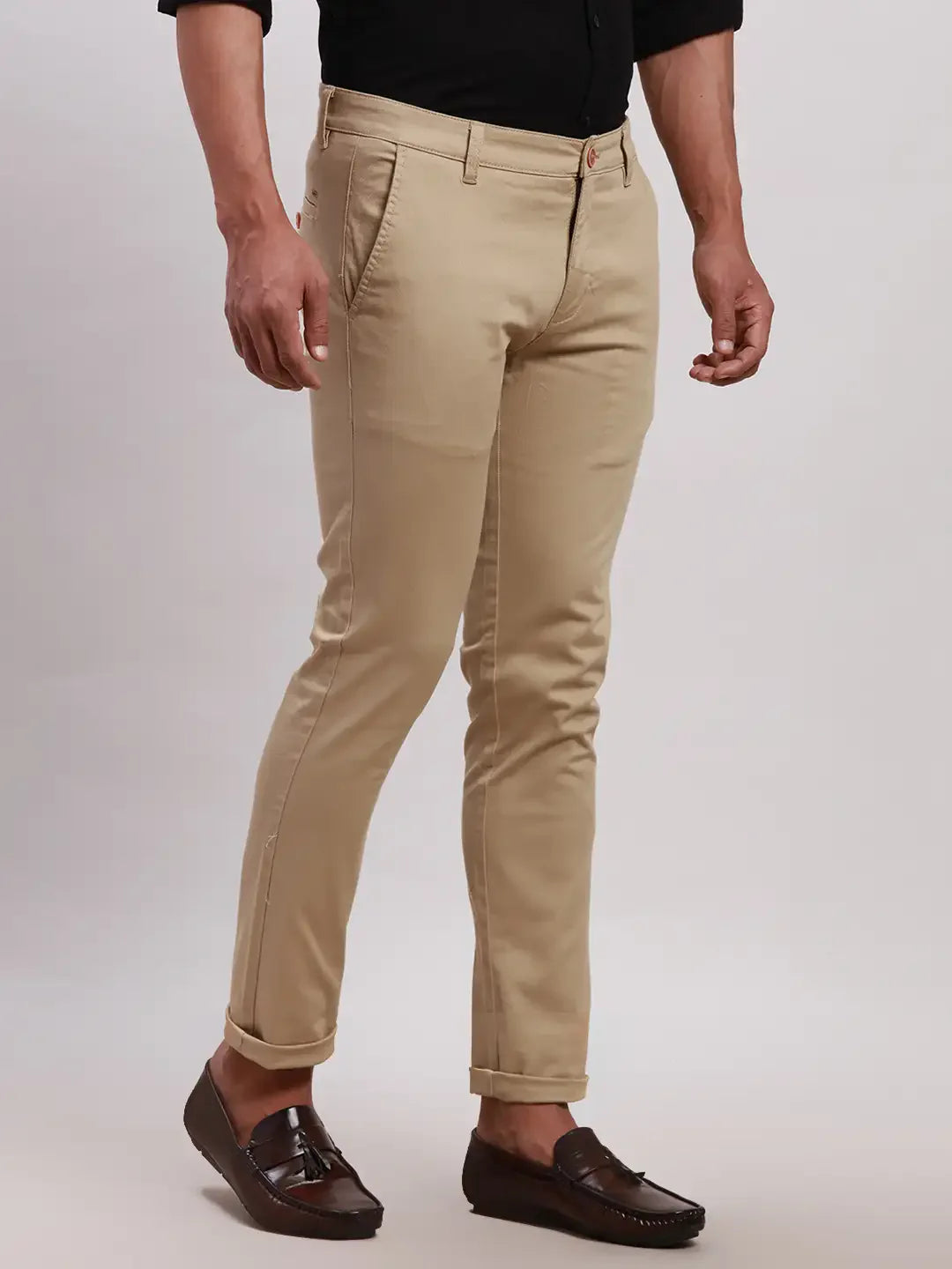 Parx Men Khaki Super Slim Fit Solid Cotton Blend Trousers