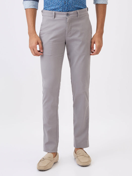 Parx Men Grey Solid Super Slim Fit Cotton Blend Trouser