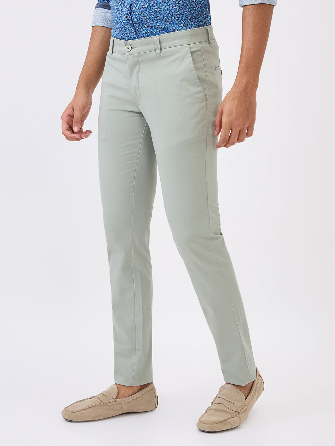 Parx Men Green Solid Super Slim Fit Cotton Blend Trouser