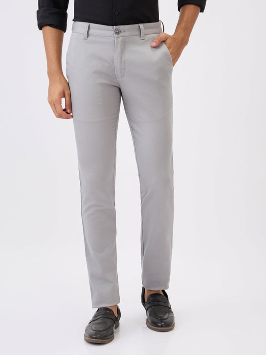 Parx Men Grey Dobby Super Slim Fit Cotton Blend Trouser