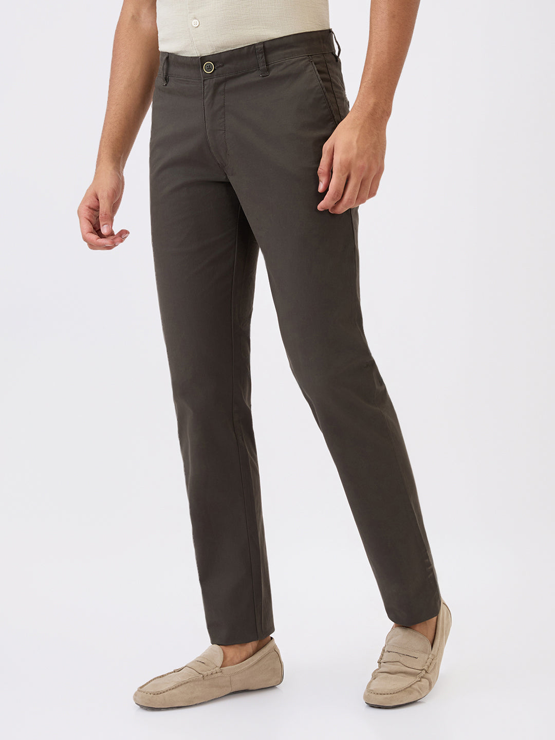 Parx Men Green Solid Slim Tapered Fit Cotton Blend Trouser