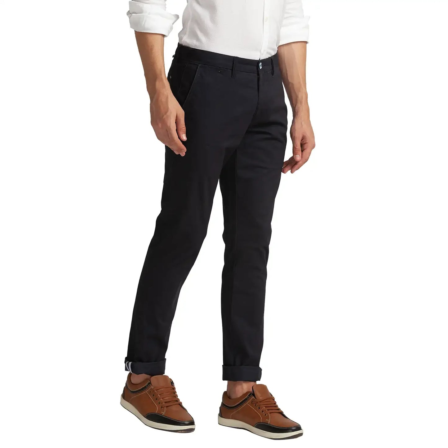 Men Blue Lrt Fit Solid Cotton Blend Trouser