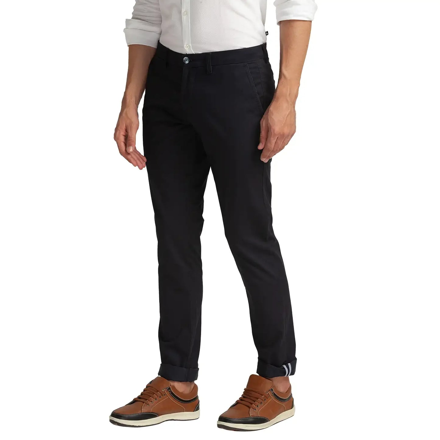 Men Blue Lrt Fit Solid Cotton Blend Trouser