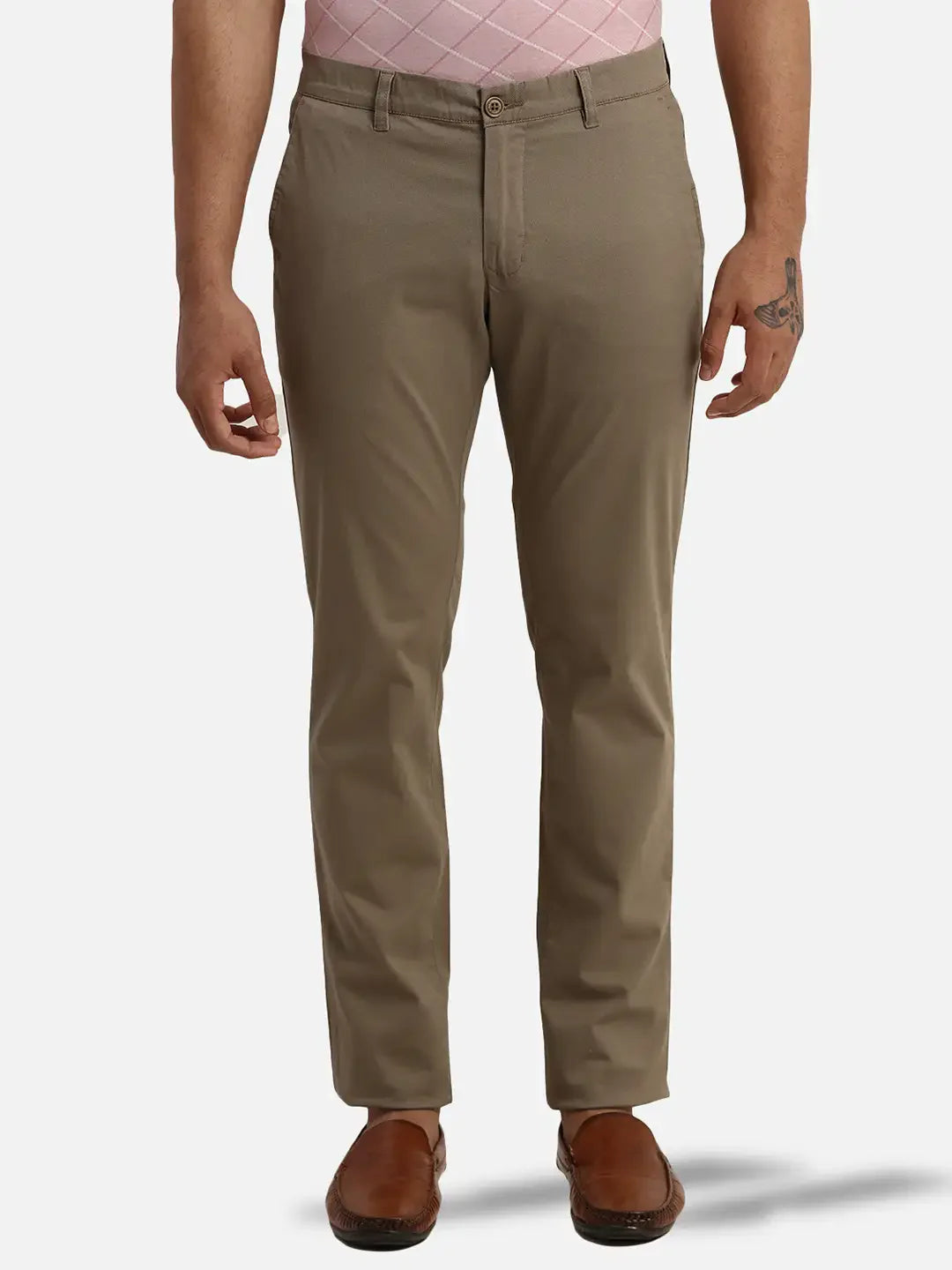 Men Khaki Low Rise Tapered Fit Print Cotton Blend Trouser