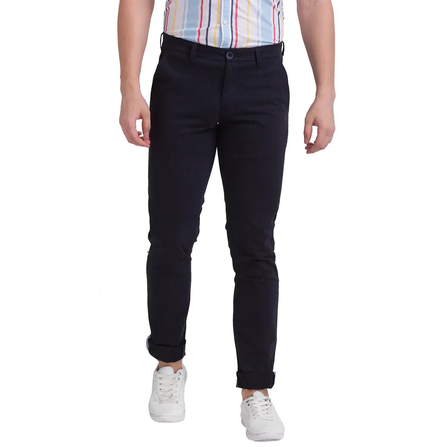 Men Blue Low Rise Tapered Fit Print Cotton Blend Trouser