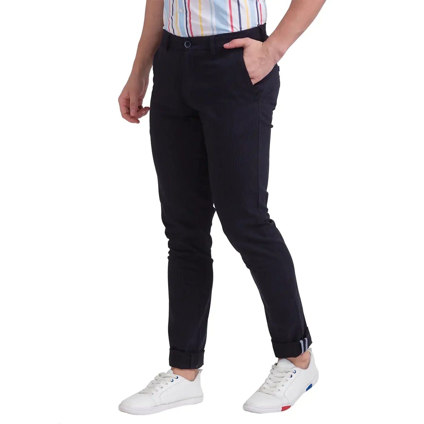 Men Blue Low Rise Tapered Fit Print Cotton Blend Trouser