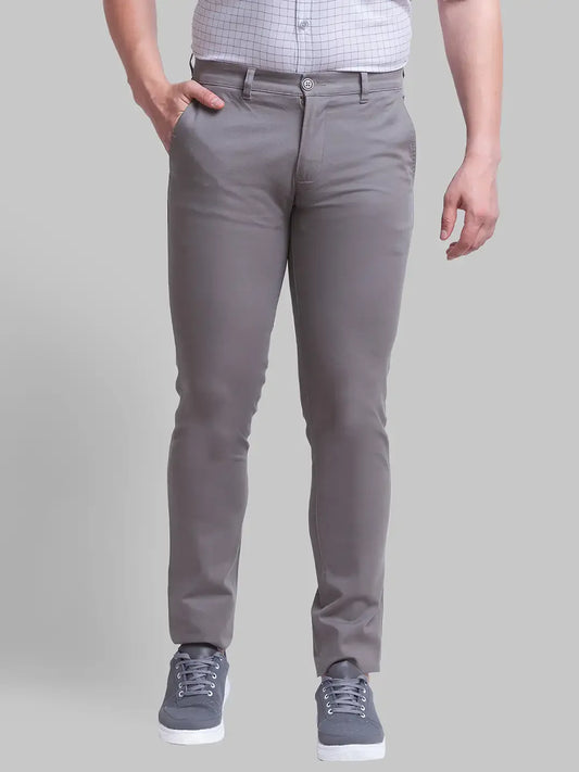 Men Grey Low Rise Tapered Fit Solid Cotton Blend Trouser