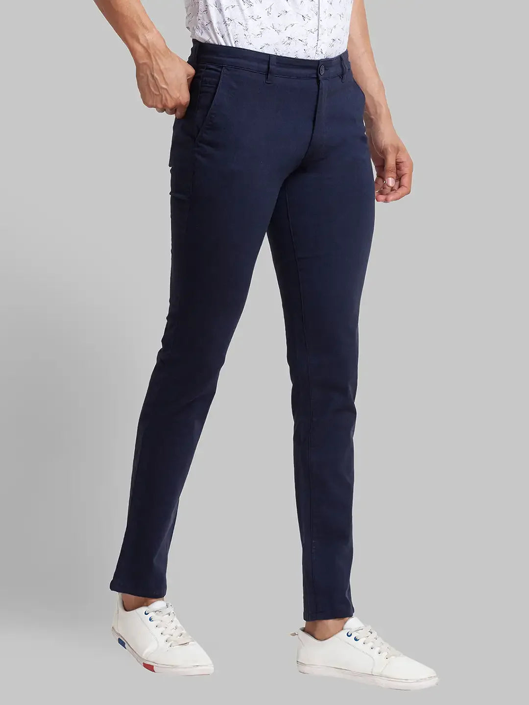 Men Blue Lrt Fit Yarn Dyed Cotton Blend Trouser