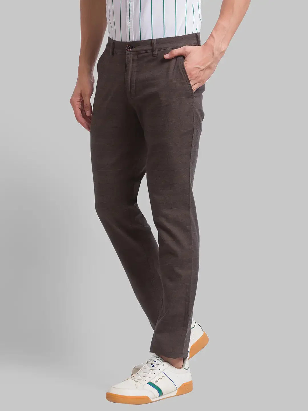 Men Brown Low Rise Tapered Fit Yarn Dyed Cotton Blend Trouser