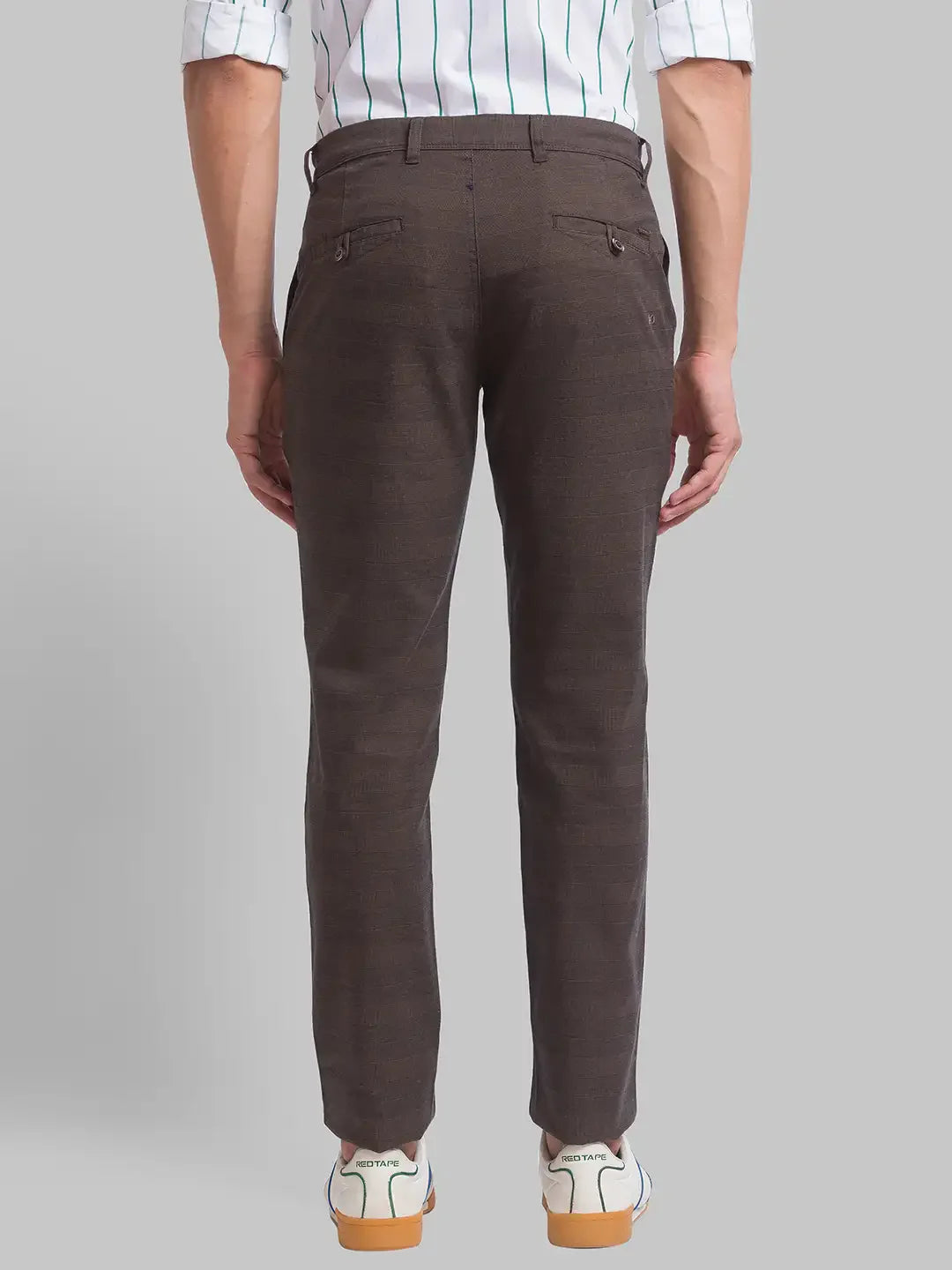 Men Brown Low Rise Tapered Fit Yarn Dyed Cotton Blend Trouser