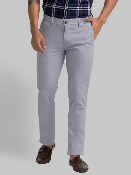 Men Grey Low Rise Tapered Fit Yarn Dyed Cotton Blend Trouser