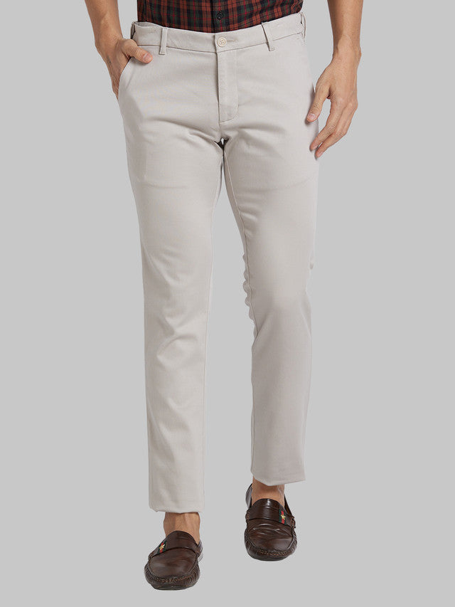 Parx Grey Solid Low Rise Tapered Fit Cotton Blend Trouser