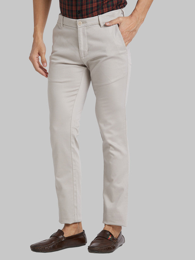Parx Grey Solid Low Rise Tapered Fit Cotton Blend Trouser