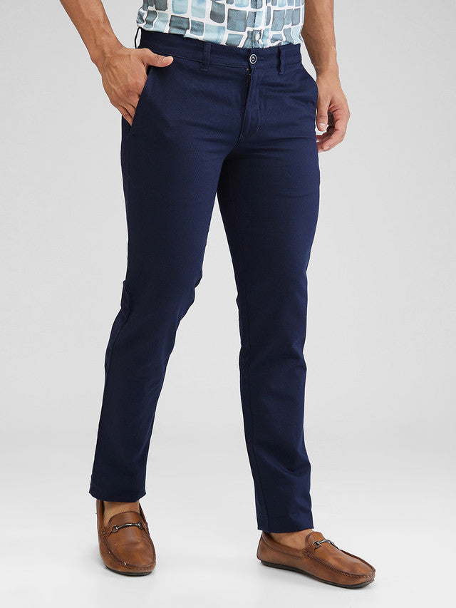 Parx Blue Solid Low Rise Tapered Fit Cotton Trouser