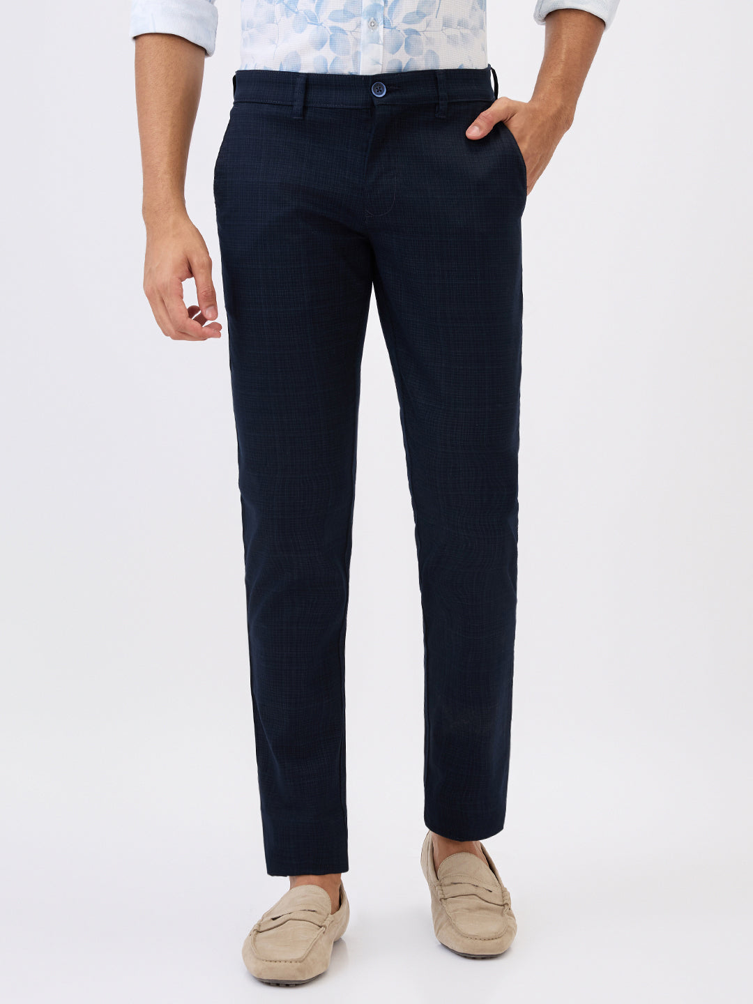 Parx Men Blue Printed Low Rise Tapered Fit Cotton Blend Trouser