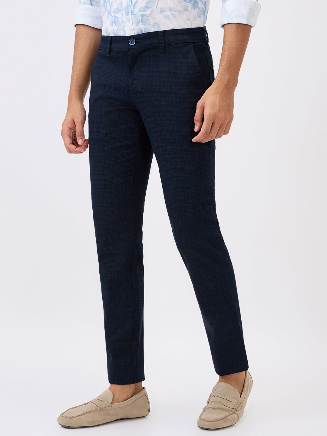 Parx Men Blue Printed Low Rise Tapered Fit Cotton Blend Trouser
