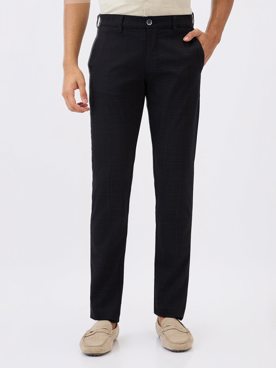 Parx Men Black Printed Low Rise Tapered Fit Cotton Blend Trouser