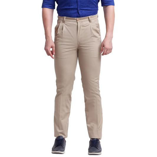 Men Khaki Carrot Fit Solid Cotton Blend Trouser