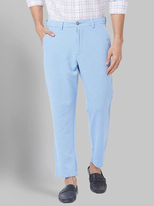 Men Blue Carrot Fit Solid Terylene Blend Trouser