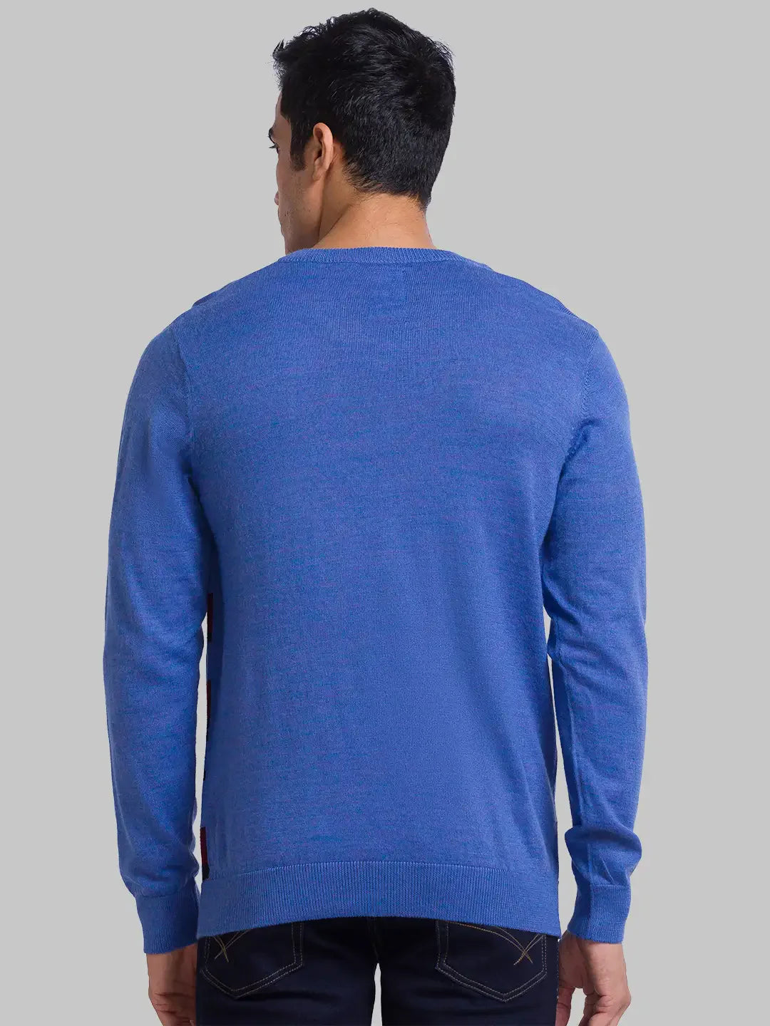 Men Blue Intarsia Acrylic Blend Full Sleeve Sweaters
