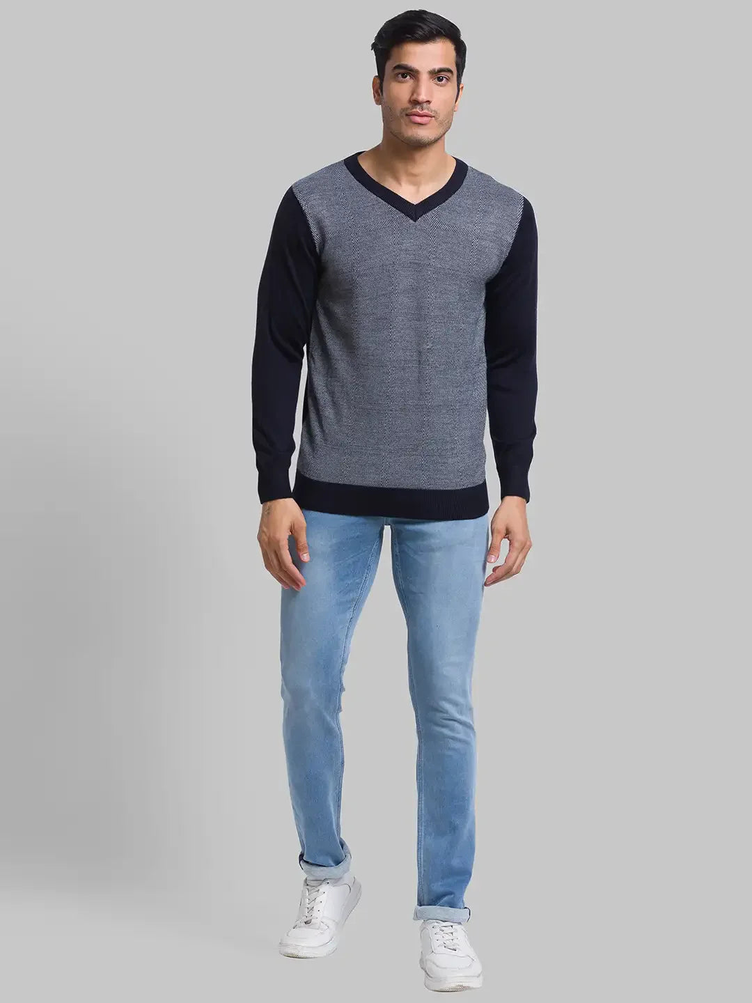 Men Blue Jacquard Acrylic Blend Full Sleeve Sweaters