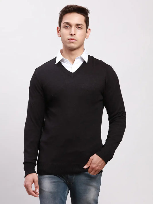 Parx Men Black Solid Wool Blend Full Sleeve V Neck Sweater