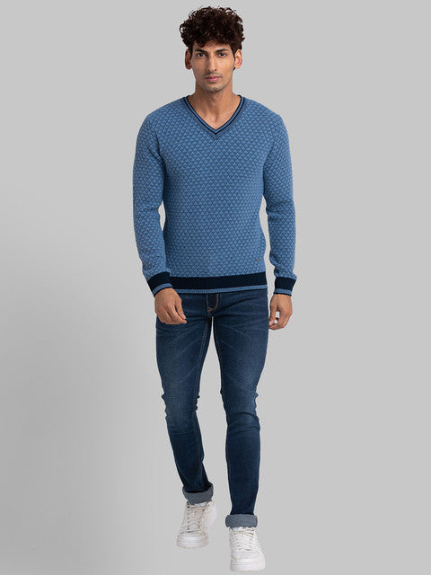 Parx Men Blue Jacquard Acrylic Sweater