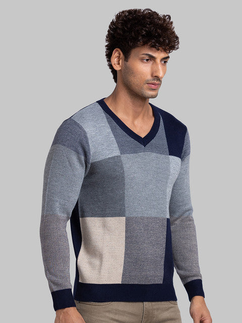 Parx Men Blue Intarsia Acrylic Sweater