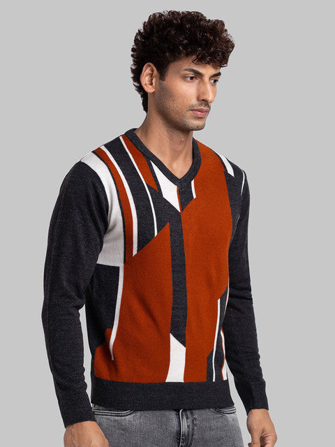 Parx Men Grey Intarsia Acrylic Sweater