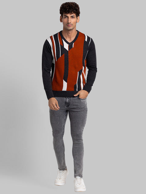 Parx Men Grey Intarsia Acrylic Sweater