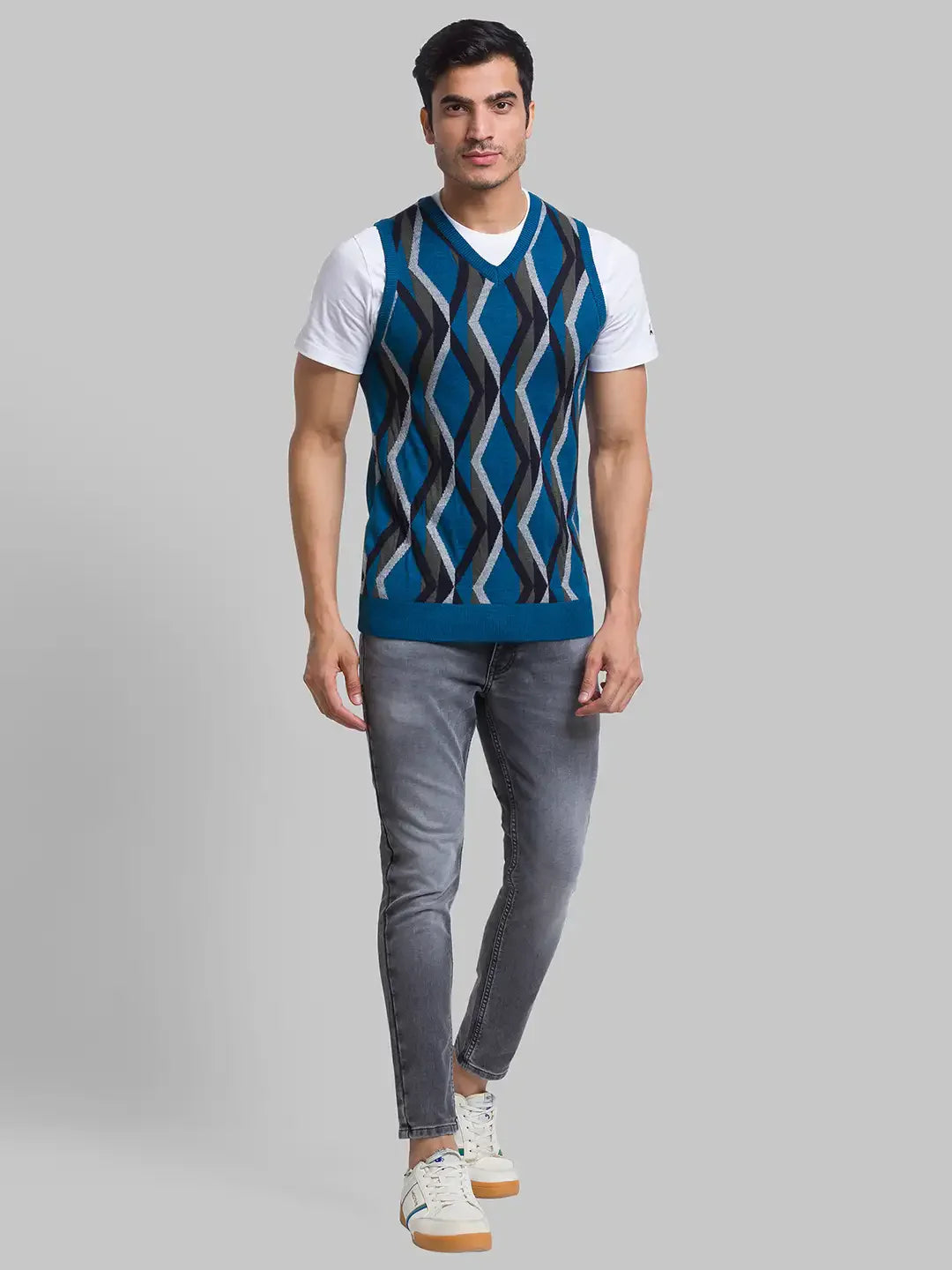 Men Petrol Intarsia Acrylic Blend Sleeveless Sweaters