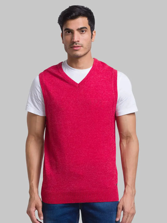 Men Red Solid Wool Blend Sleeveless Sweaters