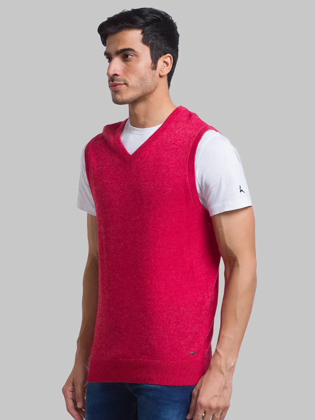 Men Red Solid Wool Blend Sleeveless Sweaters