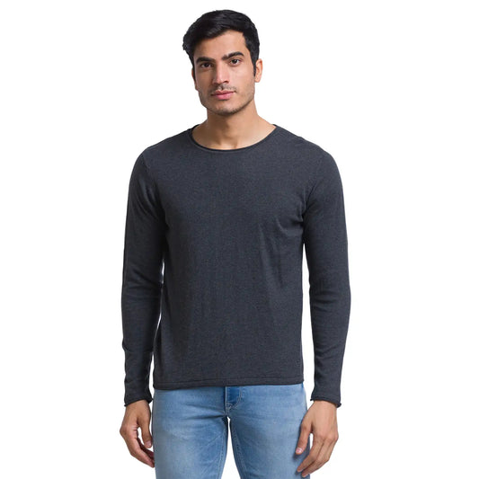 Men Grey Solid Cotton Full Sleeve Sweaters
