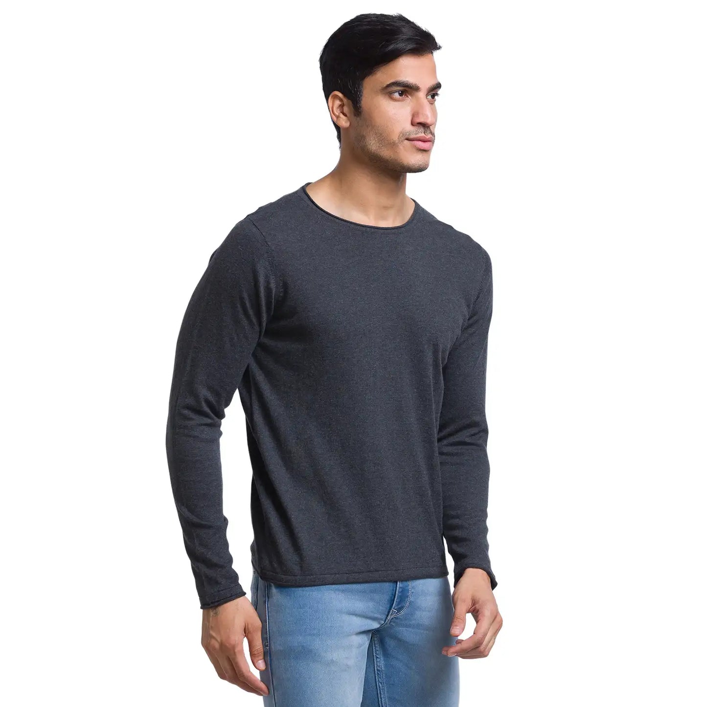 Men Grey Solid Cotton Full Sleeve Sweaters