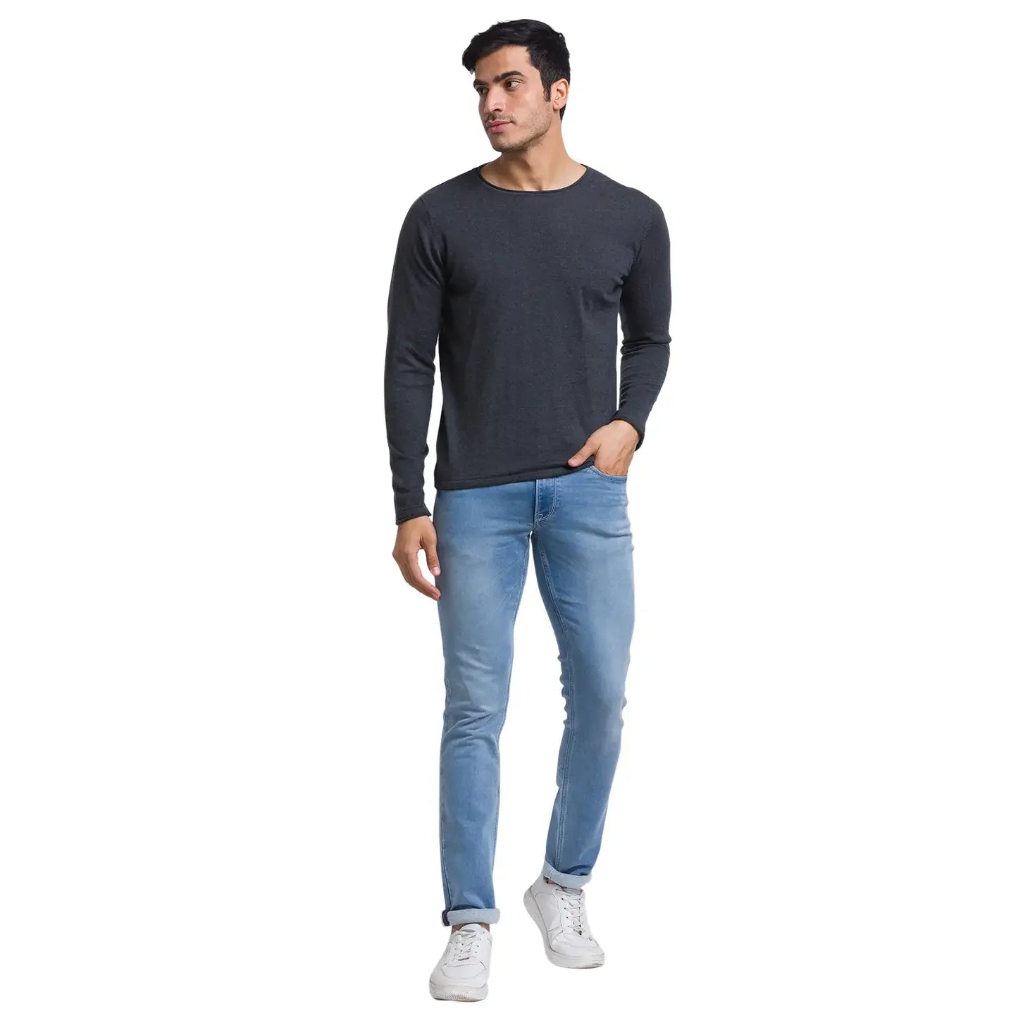 Men Grey Solid Cotton Full Sleeve Sweaters