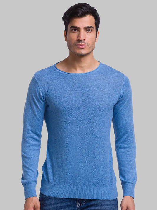 Men Blue Structure Cotton Full Sleeve Sweaters
