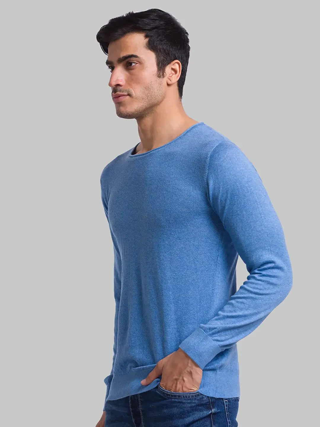 Men Blue Structure Cotton Full Sleeve Sweaters