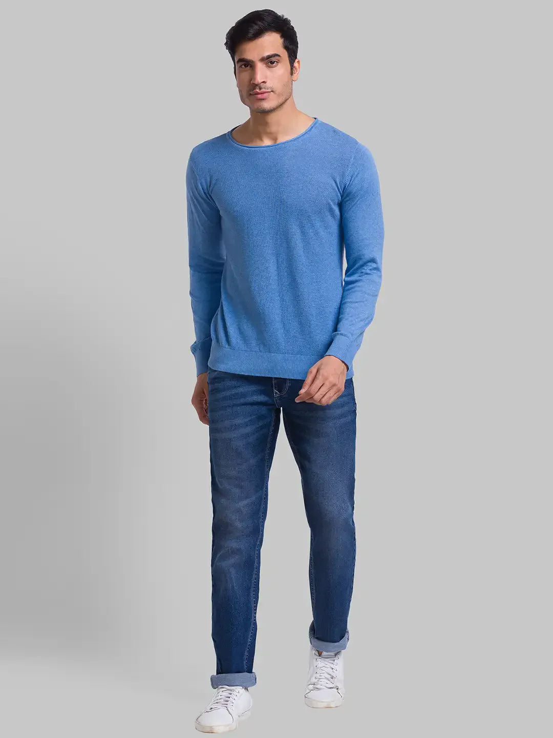 Men Blue Structure Cotton Full Sleeve Sweaters
