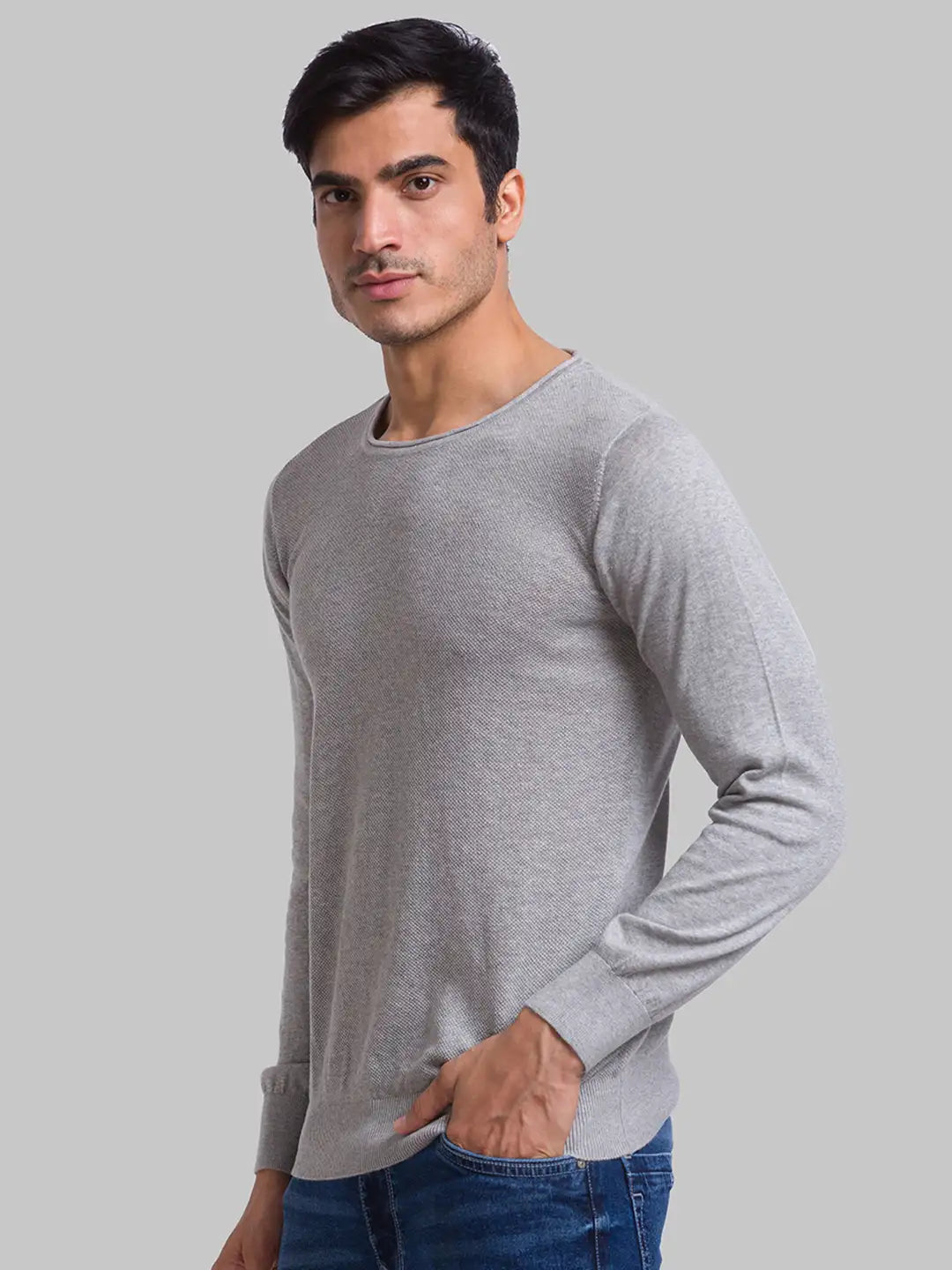 Men Grey Structure Cotton Full Sleeve Sweaters